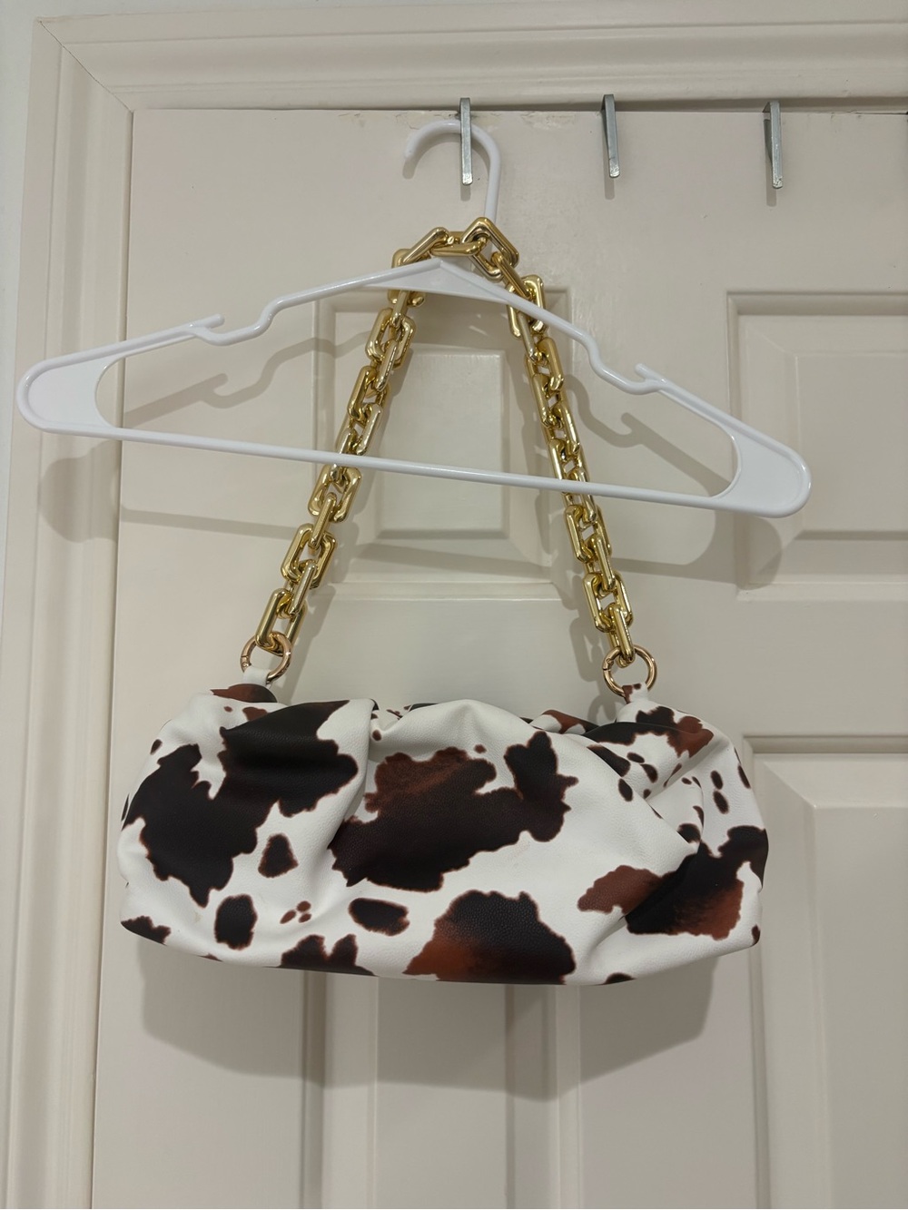 Cow Print Mini Shoulder Bag with Gold Chain Strap - Brown & White - Picture 3 of 10